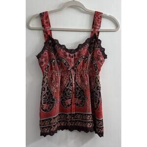 Y2K Tahari Tank Top Camisole XS‎ Lace Trim Red Brown Pink Coquette Milkmaid